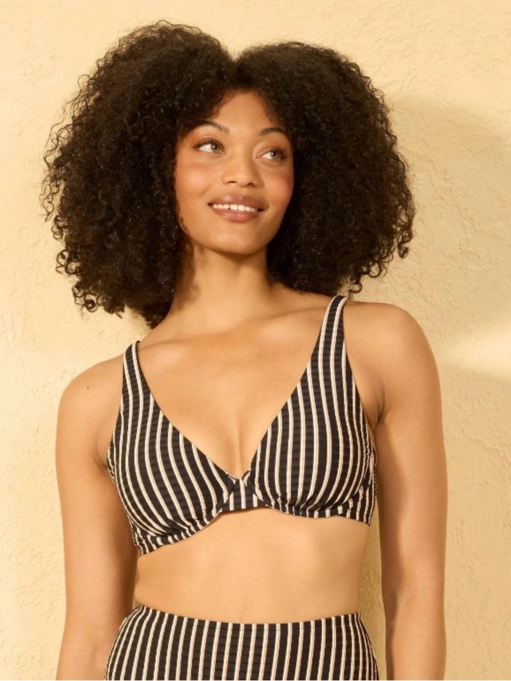 Striped V-Neck Swim Bikini Top - Black & White